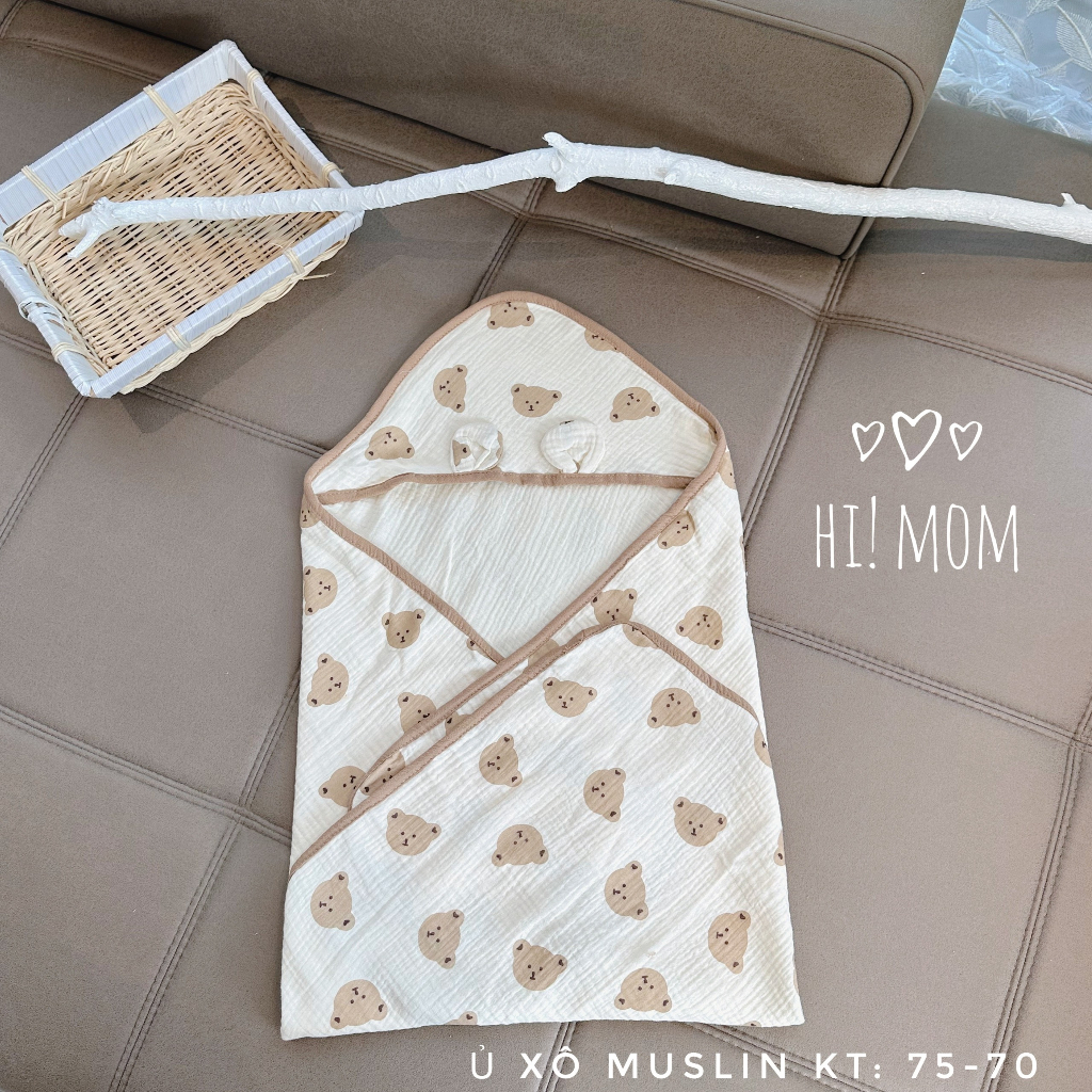 Choàng ủ xô muslin 4 lớp himom có mũ thoáng mát mềm mịn cho bé sơ sinh