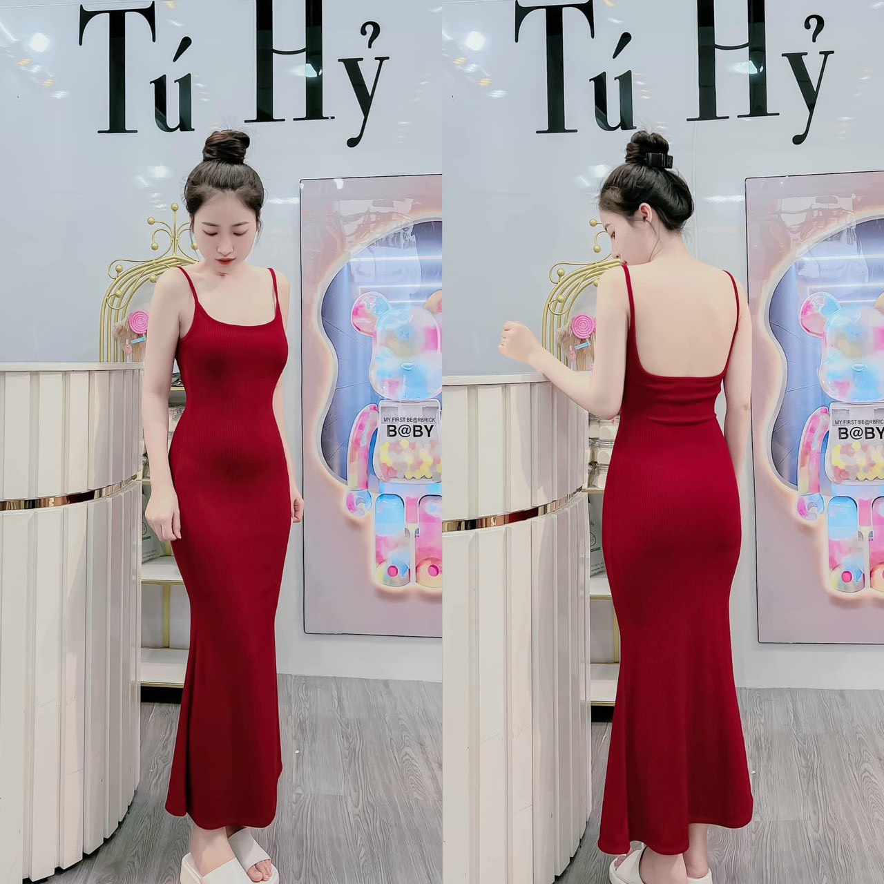Đầm body nữ hai dây form dài hở lưng có mút ngực chất thun, Đầm đuôi cá hai dây mỏng dáng dài màu sắc trơn thời trang mùa hè