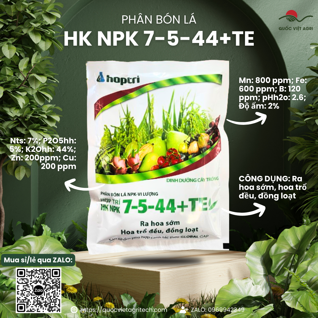 Phân bón lá Hợp Trí HK NPK 7-5-44+TE (gói 250g) - Ngọt trái, Bóng trái
