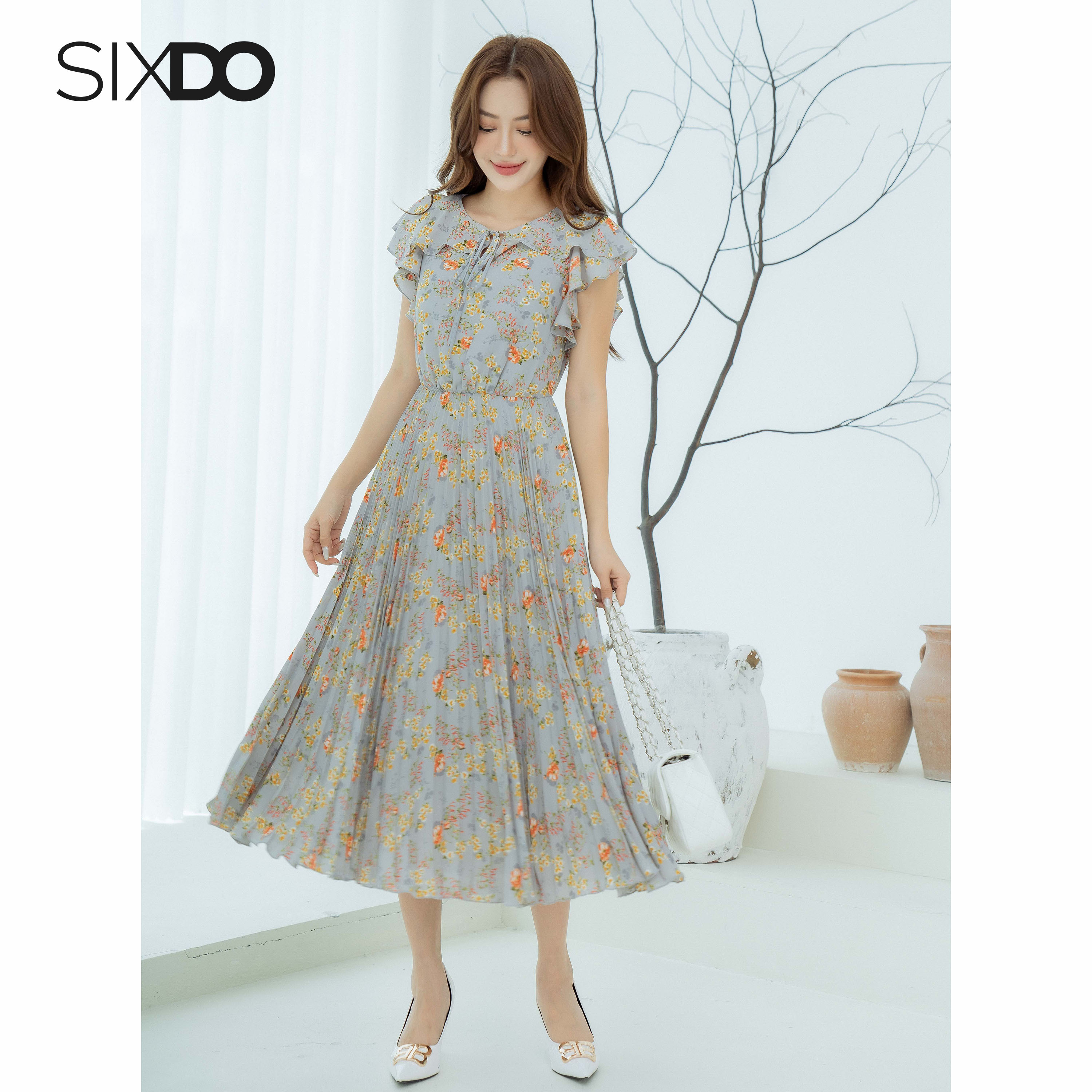 Đầm maxi hoa chiffon xếp ly SIXDO (Grey Floral Maxi Chiffon Dress)