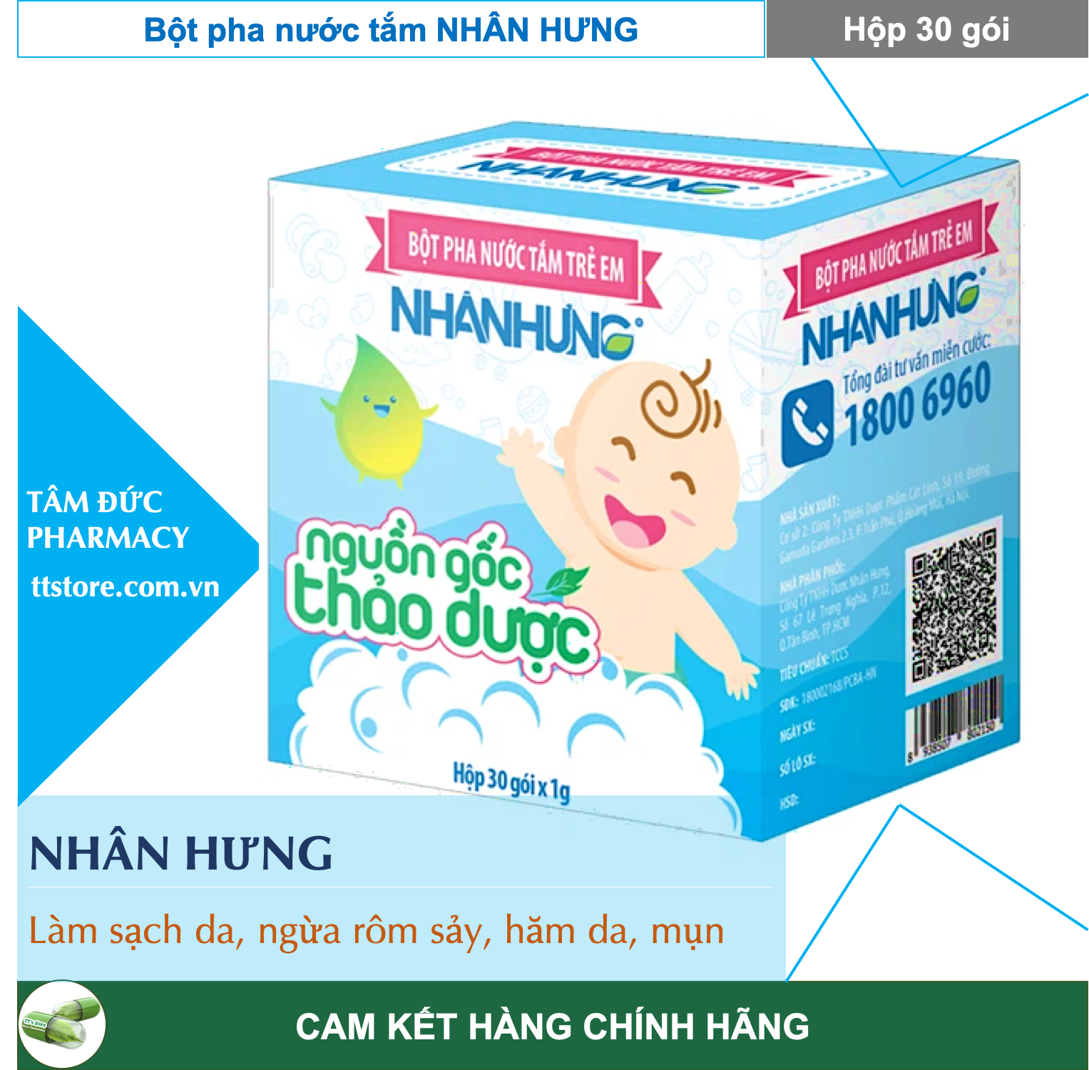 Bột pha nước tắm trẻ em Nhân Hưng - Giảm ngứa, rôm sẩy từ thảo dược