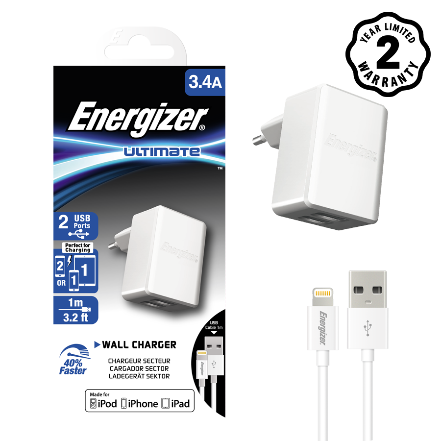 Sạc Energizer 3.4A 2USB màu trắng kèm cáp Lightning - ACA2CEUULI3