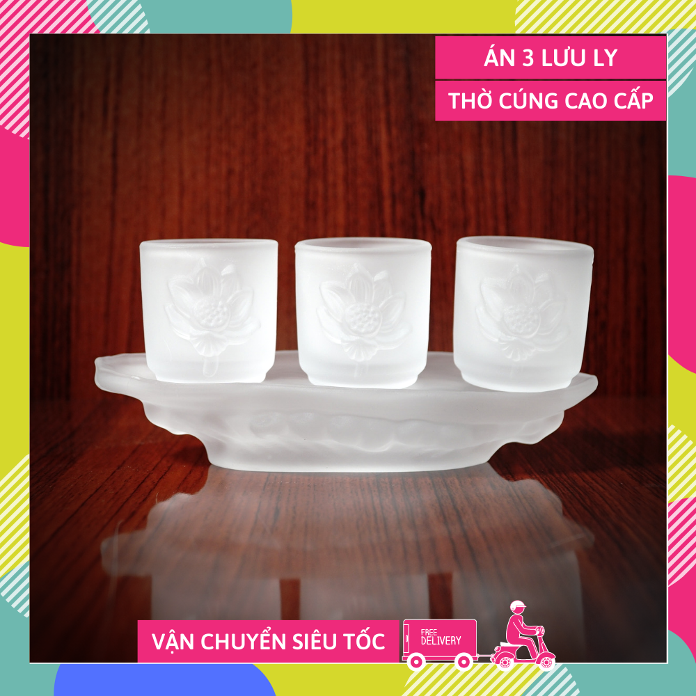 Bộ án ba 3 ly nước thờ cúng lưu ly trắng sen nổi cao cấp - Hàng VIP