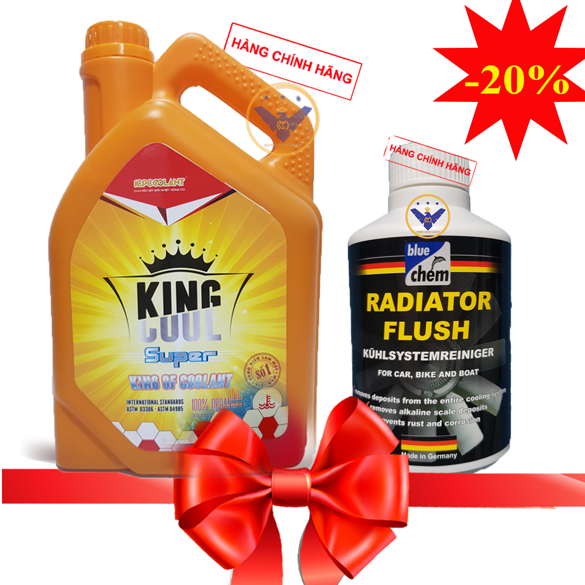 Bộ nước làm mát động cơ xe ô tô kingcool super can 4l + súc két nước bluechem 300ml