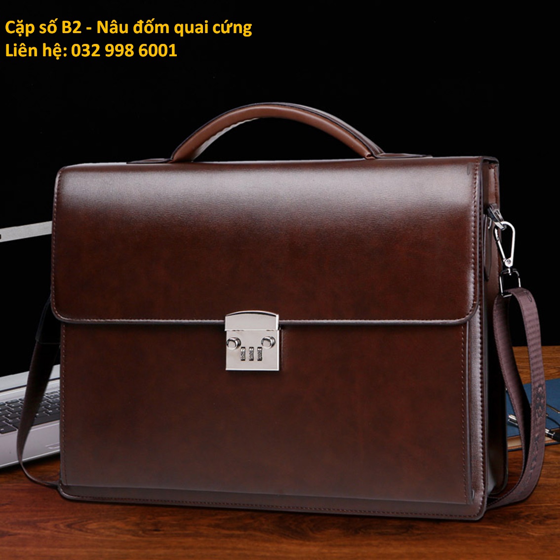cặp xách da công sở đựng laptop 38x29x8Cm (Màu đen - Màu nâu)