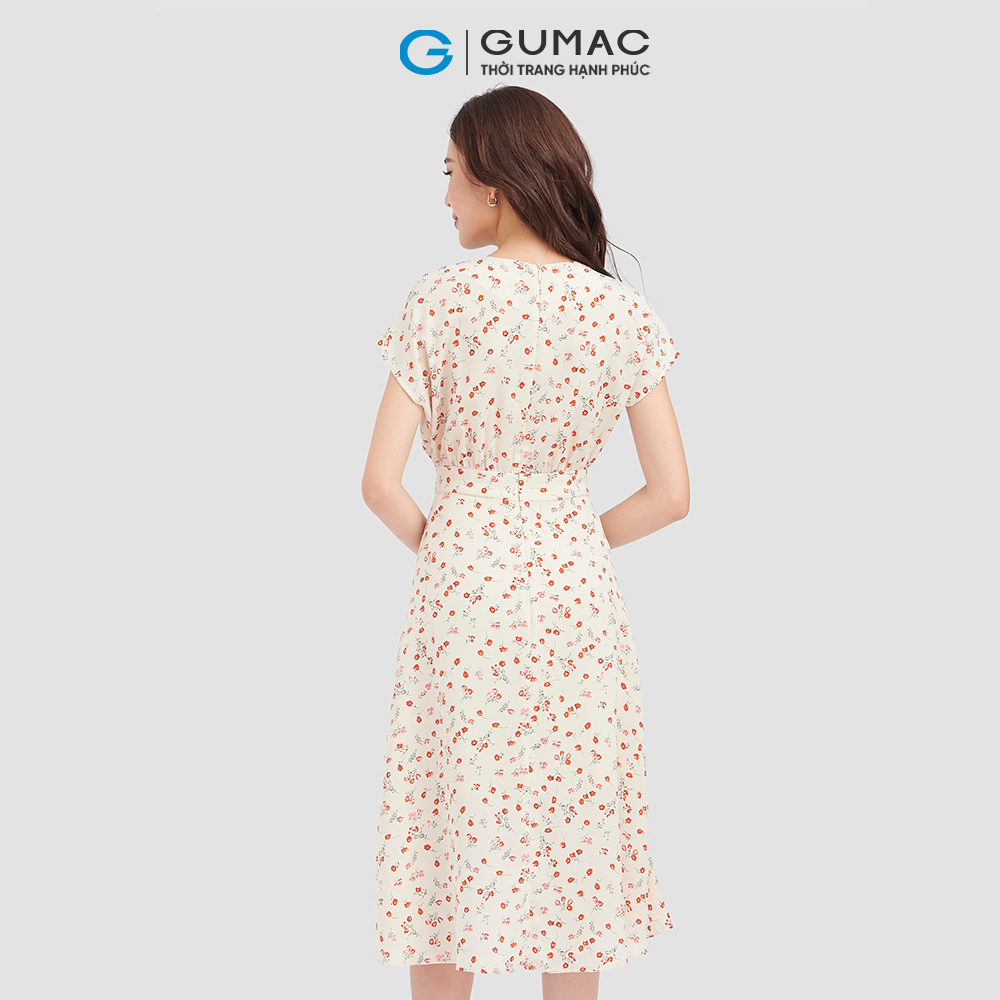 Đầm lụa GUMAC, đầm hoa tay liền thân đắp chéo DC09091