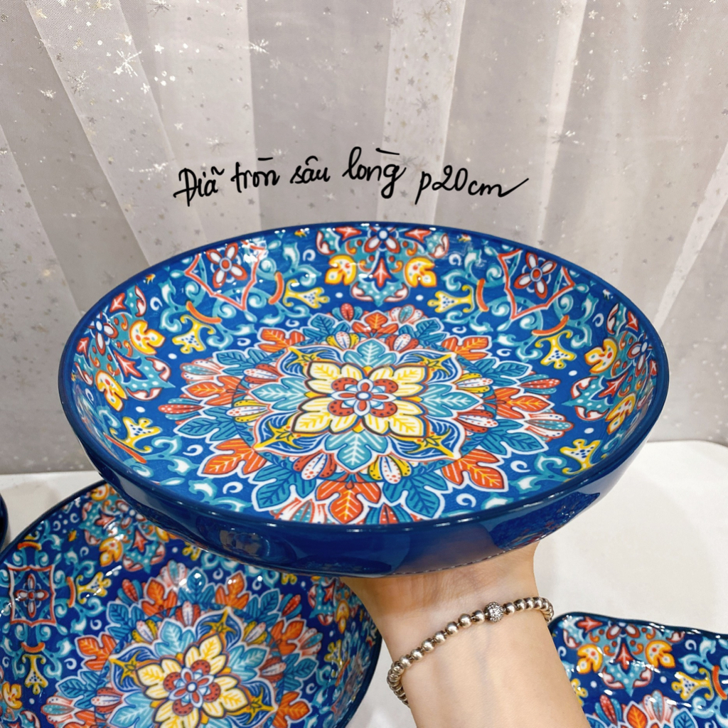 Bộ bát đĩa gốm sứ decor, Chén dĩa sứ, Bát ăn cơm, Sét thổ cẩm xanh BOHEMIAN dương cao cấp