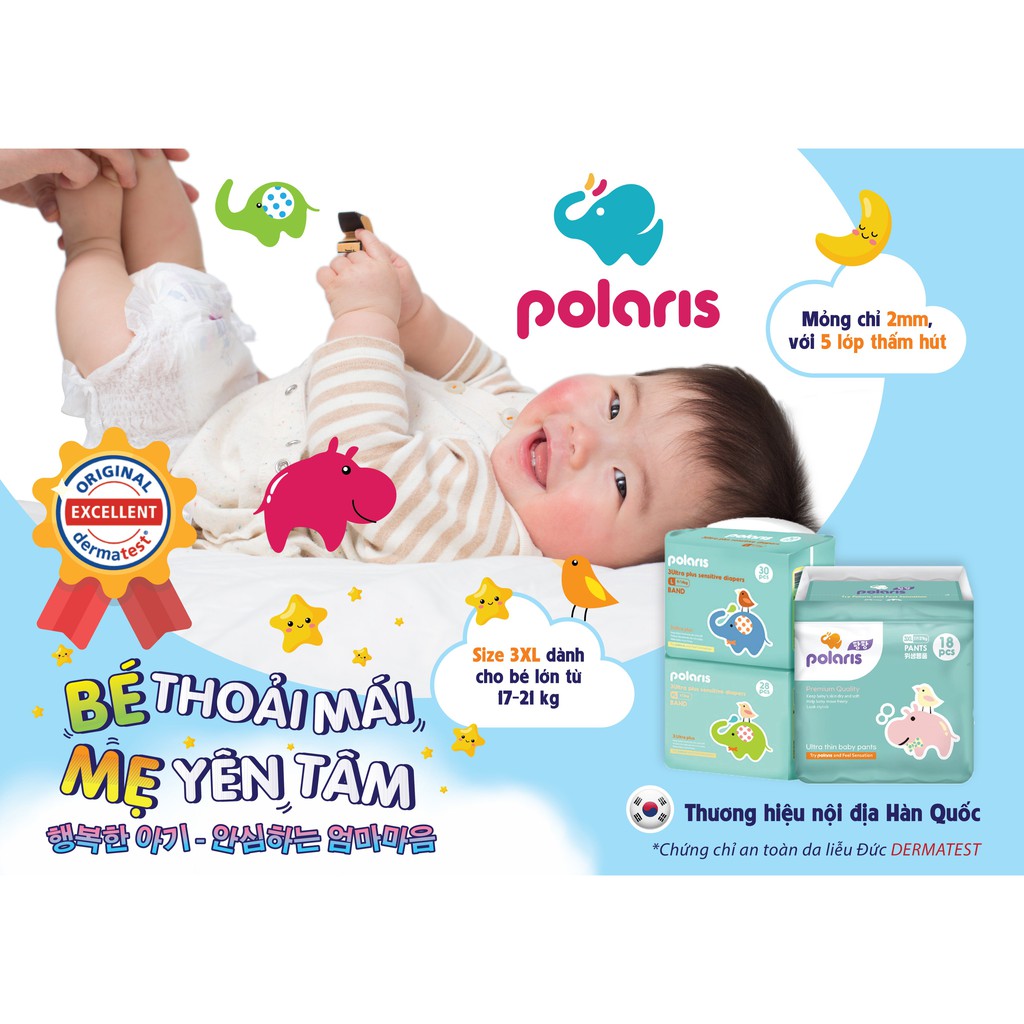 Bỉm/ tã quần Polaris nội địa Hàn Quốc thấm hút nhanh, chống tràn cho bé đủ size L24, XL22, XXL20, 3XL18