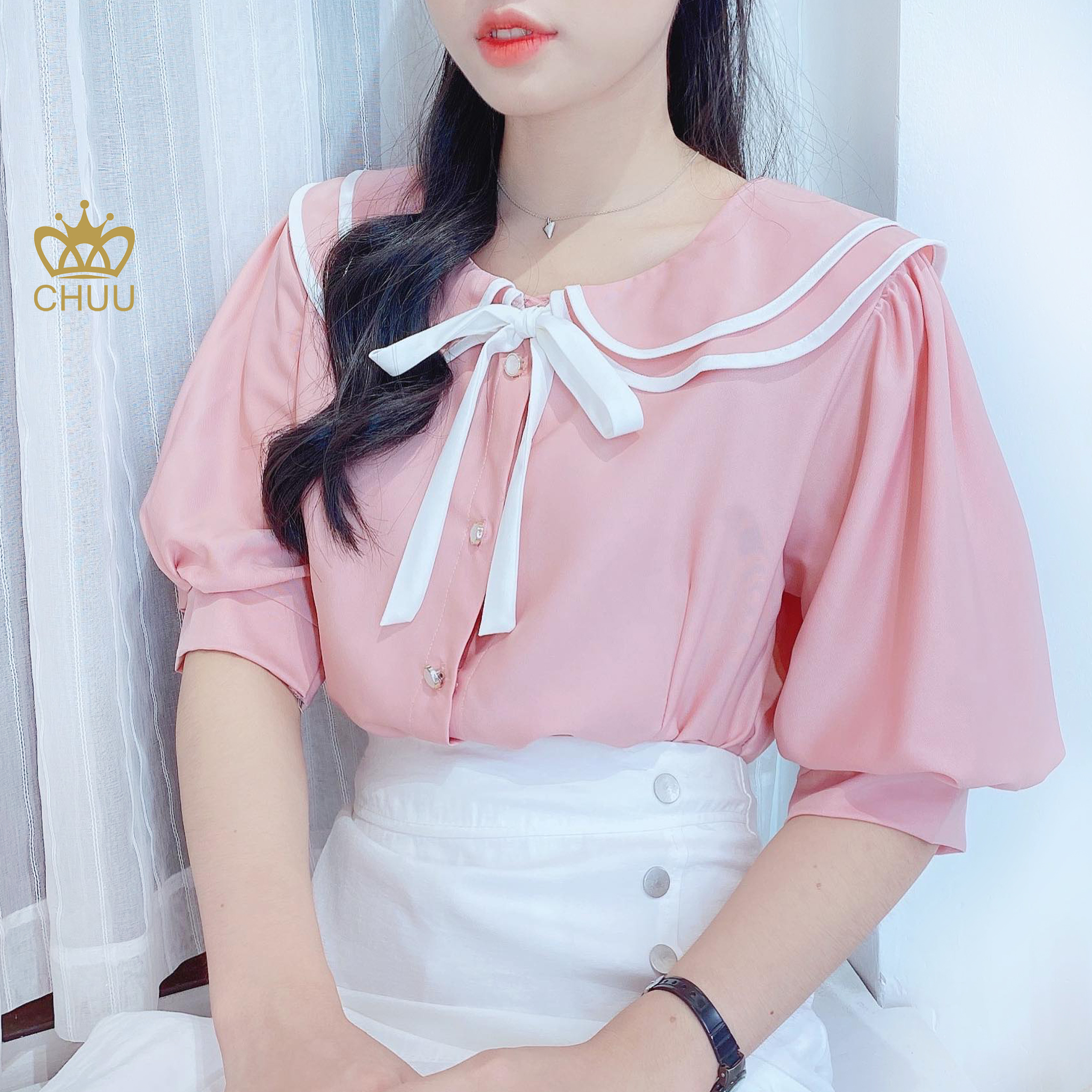 Áo sơ mi công sở nữ kiểu cổ sen 2 tầng cột nơ CHUU A6747