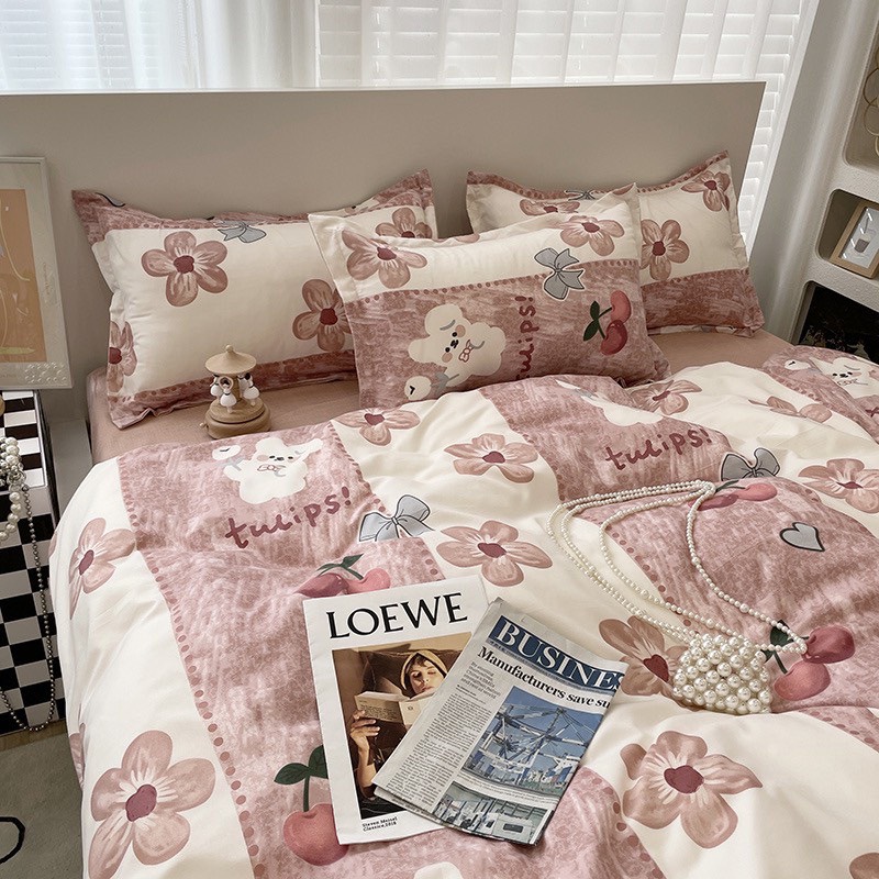 Bộ chăn ga gối cotton poly - Mẫu gấu cherry