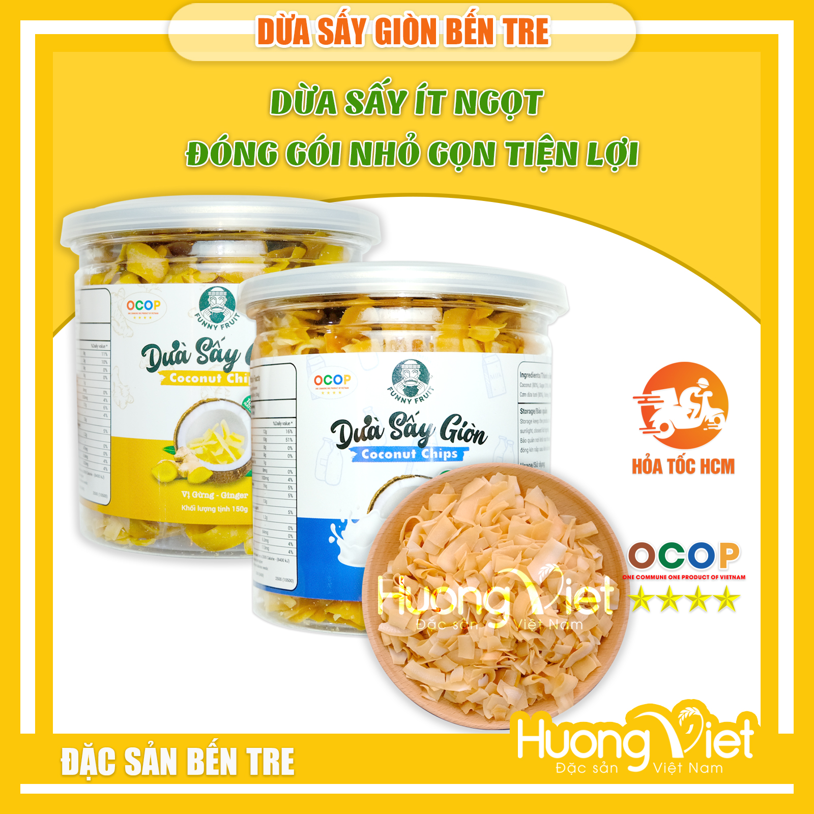 Dừa sấy giòn cao cấp ít ngọt 150g , đặc sản bến tre ocop 4 sao, funny fruit, đặc sản miền tây hương việt