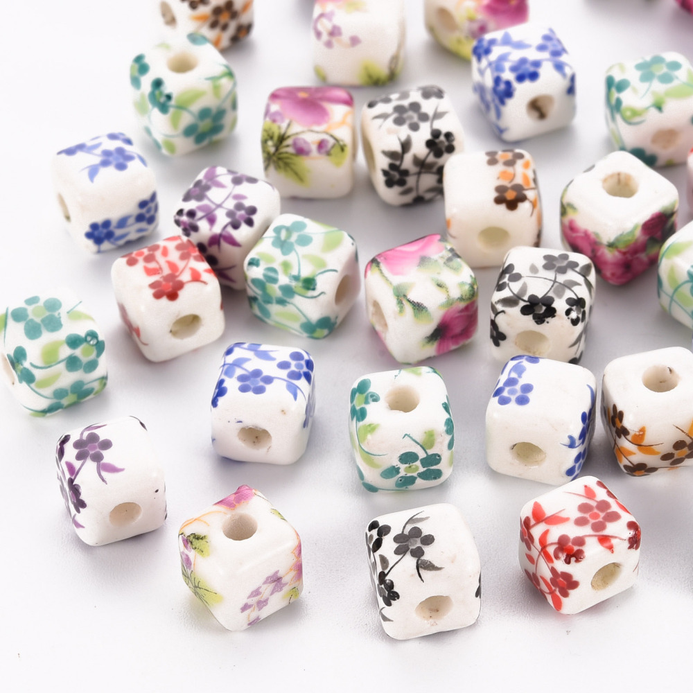 200pc Printed Handmade Porcelain Beads Cube Mixed Color 8.5x8.5x8.5mm Hole: 2.5mm