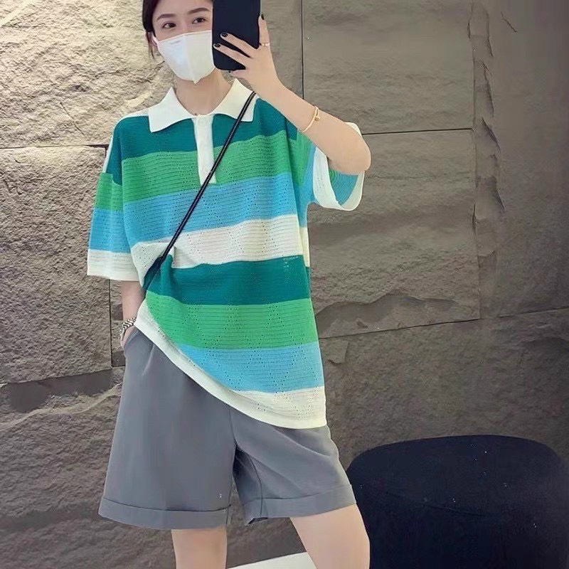 Áo len kẻ ngang vân trám oversize form thụng giấu quần
