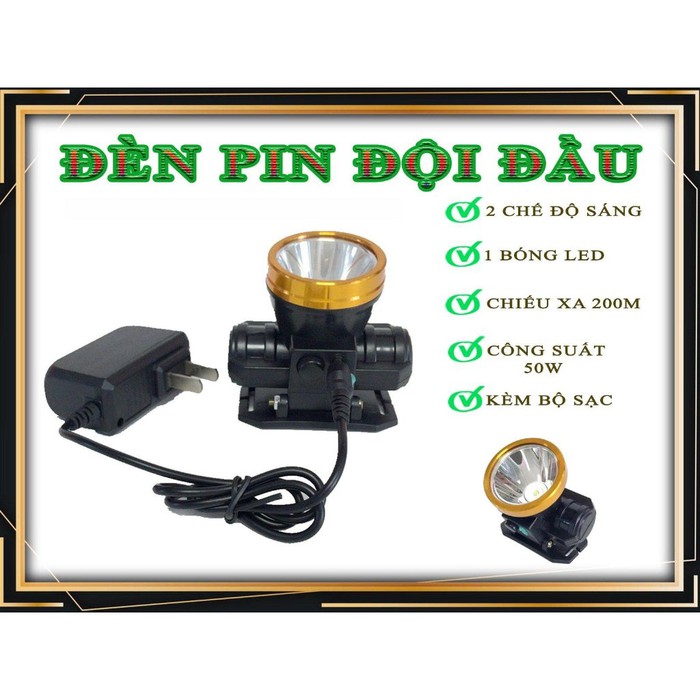 Đèn Pin Đội Đầu Pin Sạc 1 Bóng 50W Siêu Sáng Kèm Bộ Sạc
