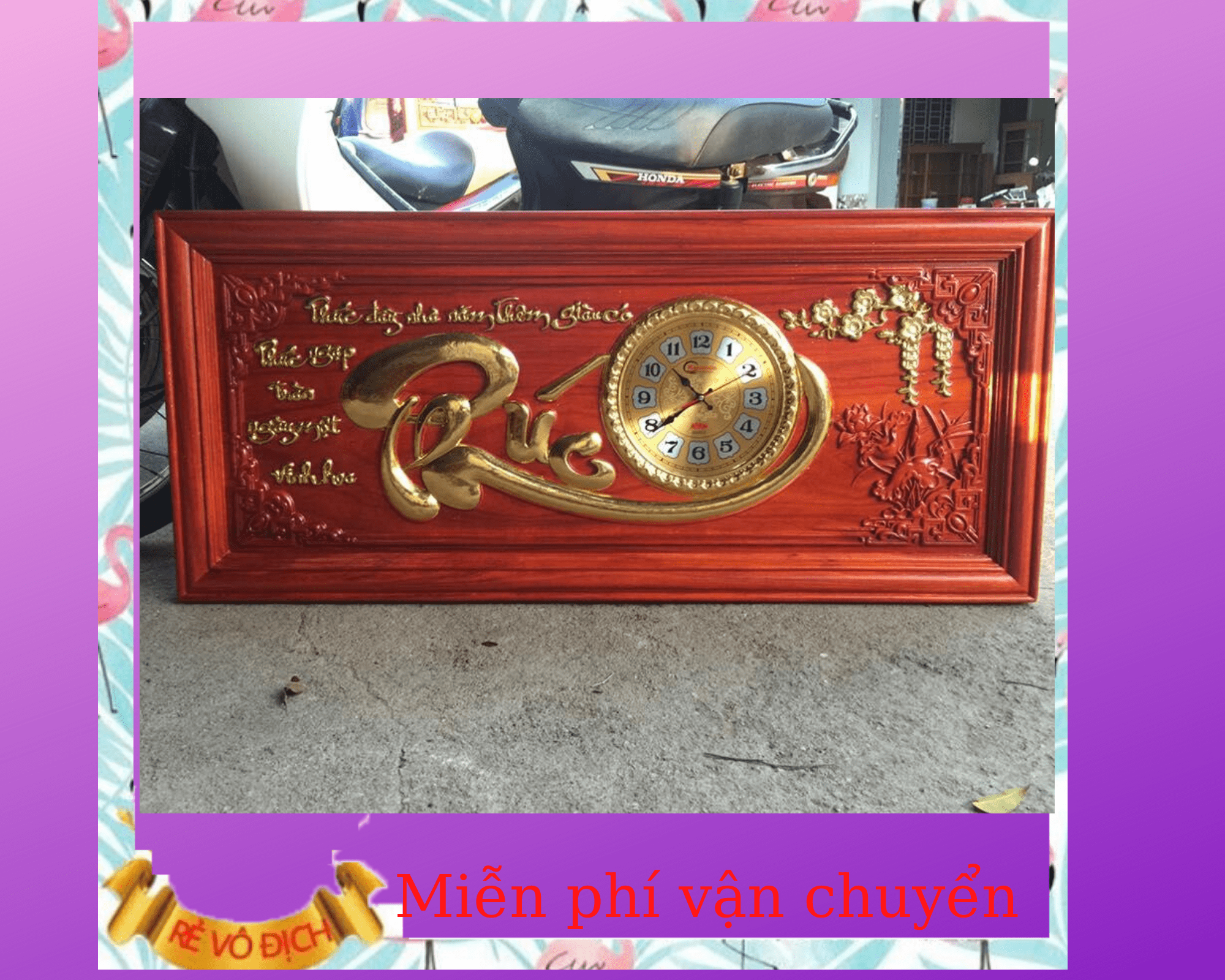 Tranh đồng hồ gỗ hương cao cấp dát vàng