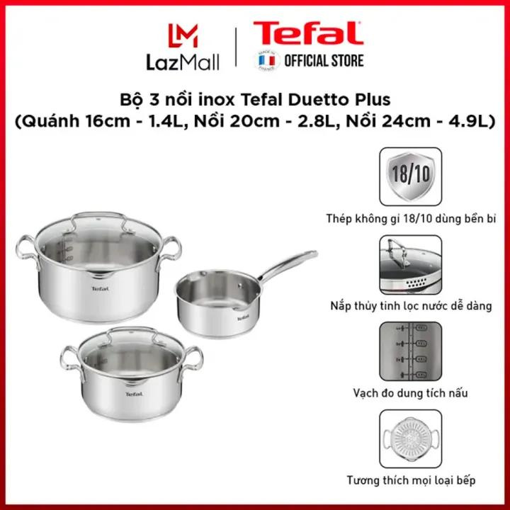 Bộ 3 nồi inox cao cấp Tefal Duetto Plus (Quánh 16cm - 1.4L, Nồi 20cm - 2.8L, Nồi 24cm - 4.9L)