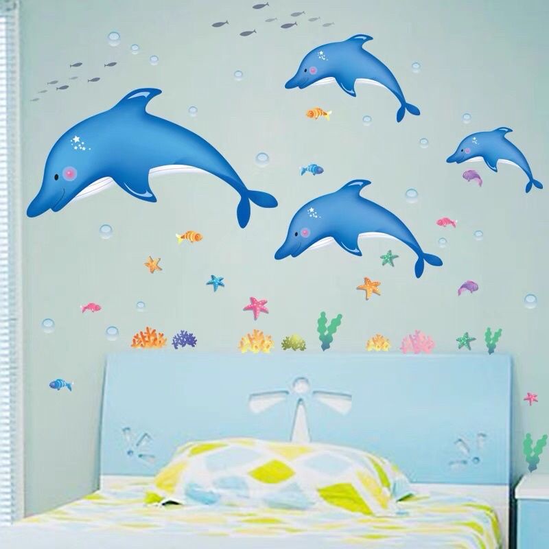 decal dán tường đàn cá heo và chân tường cá heo