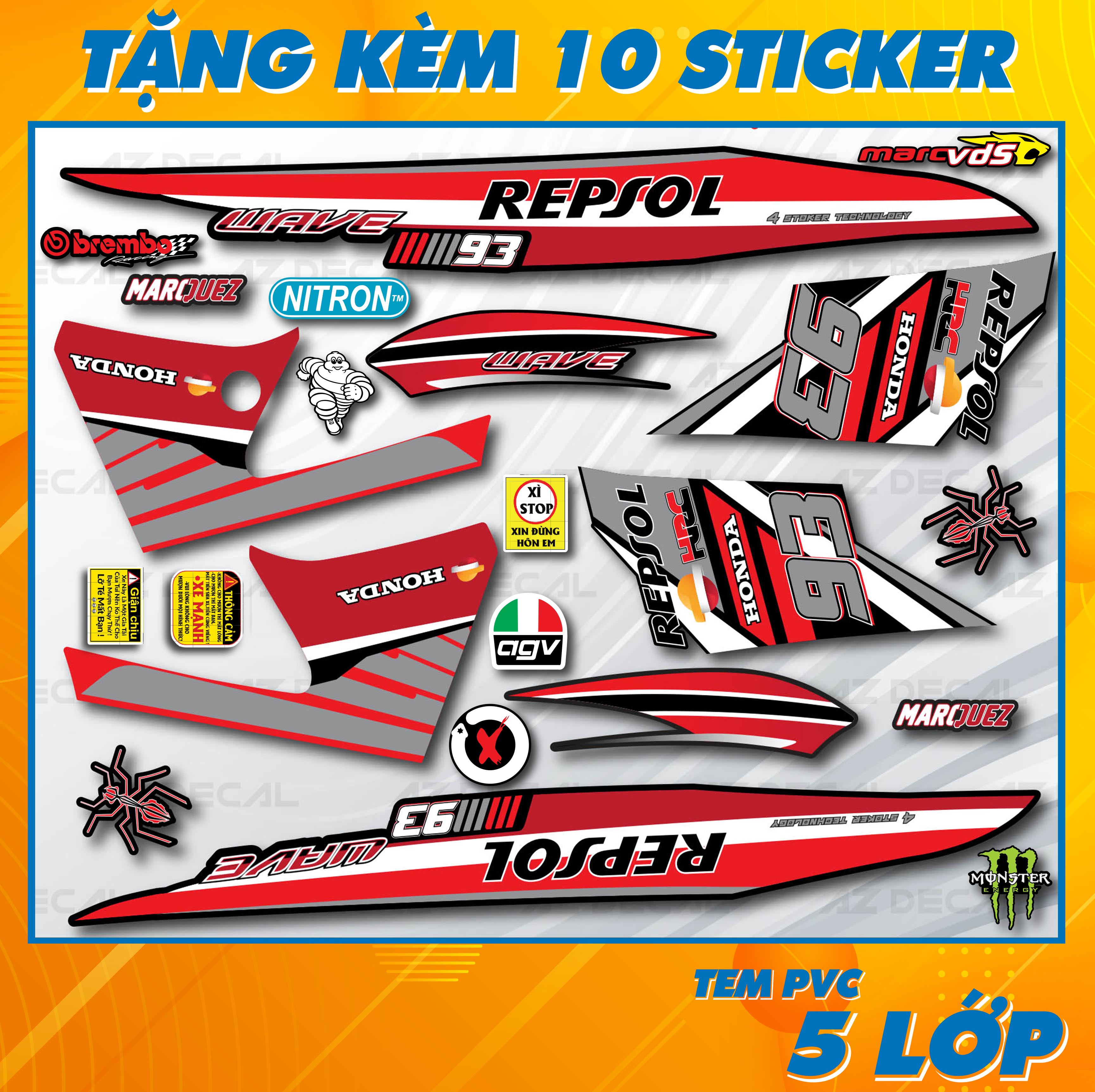 Tem Rời Xe Wave Alpha 110 100 Chủ Đề Repsol Edition Đỏ Xám | WA09 | Decal Chế Cao Cấp Chính Xác Từng Chi Tiết | Azdecal