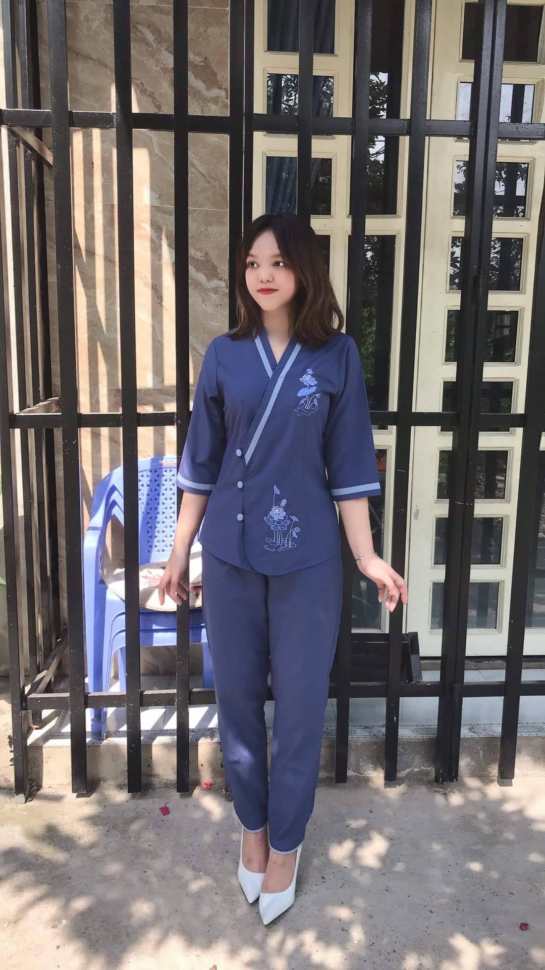 Đồ lam đi chùa nữ, đồ phật tử mẫu tim viền