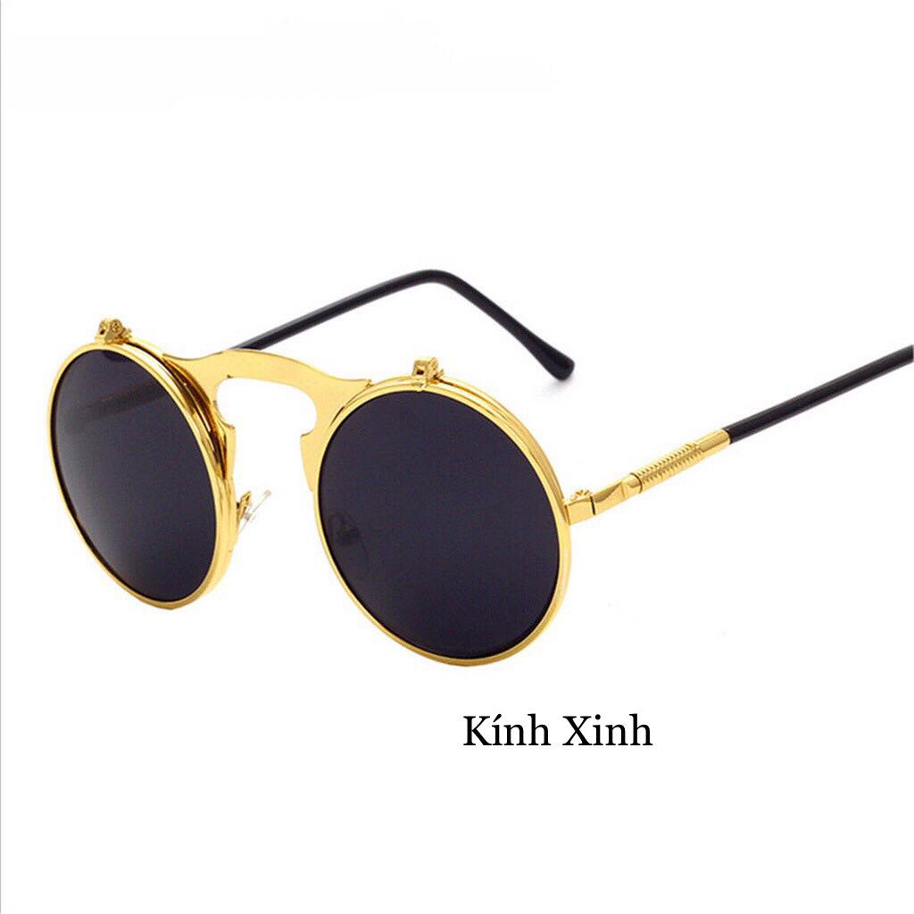 Kính Râm Nam 2 Lớp Mắt Tròn Nhỏ Kim Loại Phong Cách Cổ Điển Cao Cấp