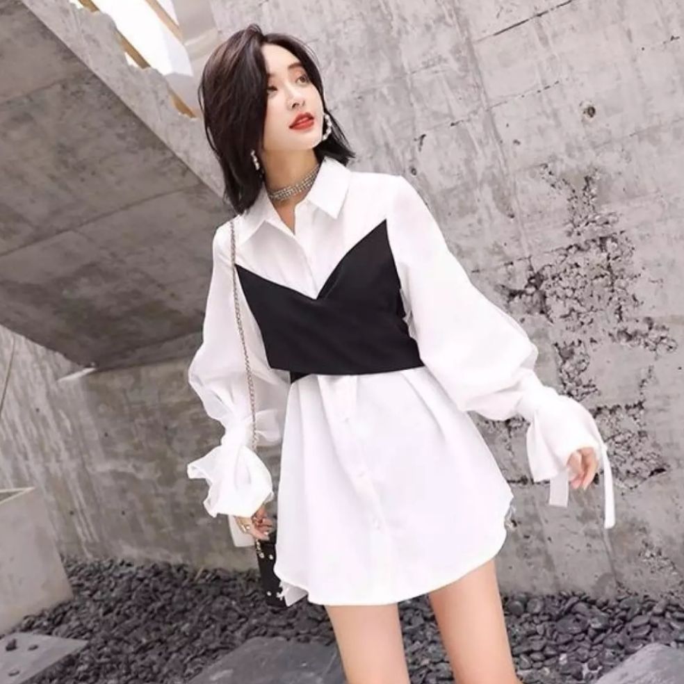 Áo sơ mi nữ,áo sơ mi phối nơ đen cột sau form 53kg