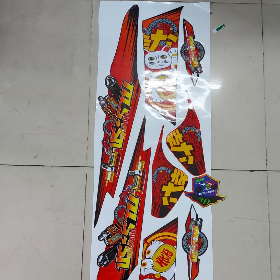 [HCM]Tem xe Wave 100  mẫu tem rời mèo thần tài cao cấp dán xe màu đỏ  màu vàng màu đen.