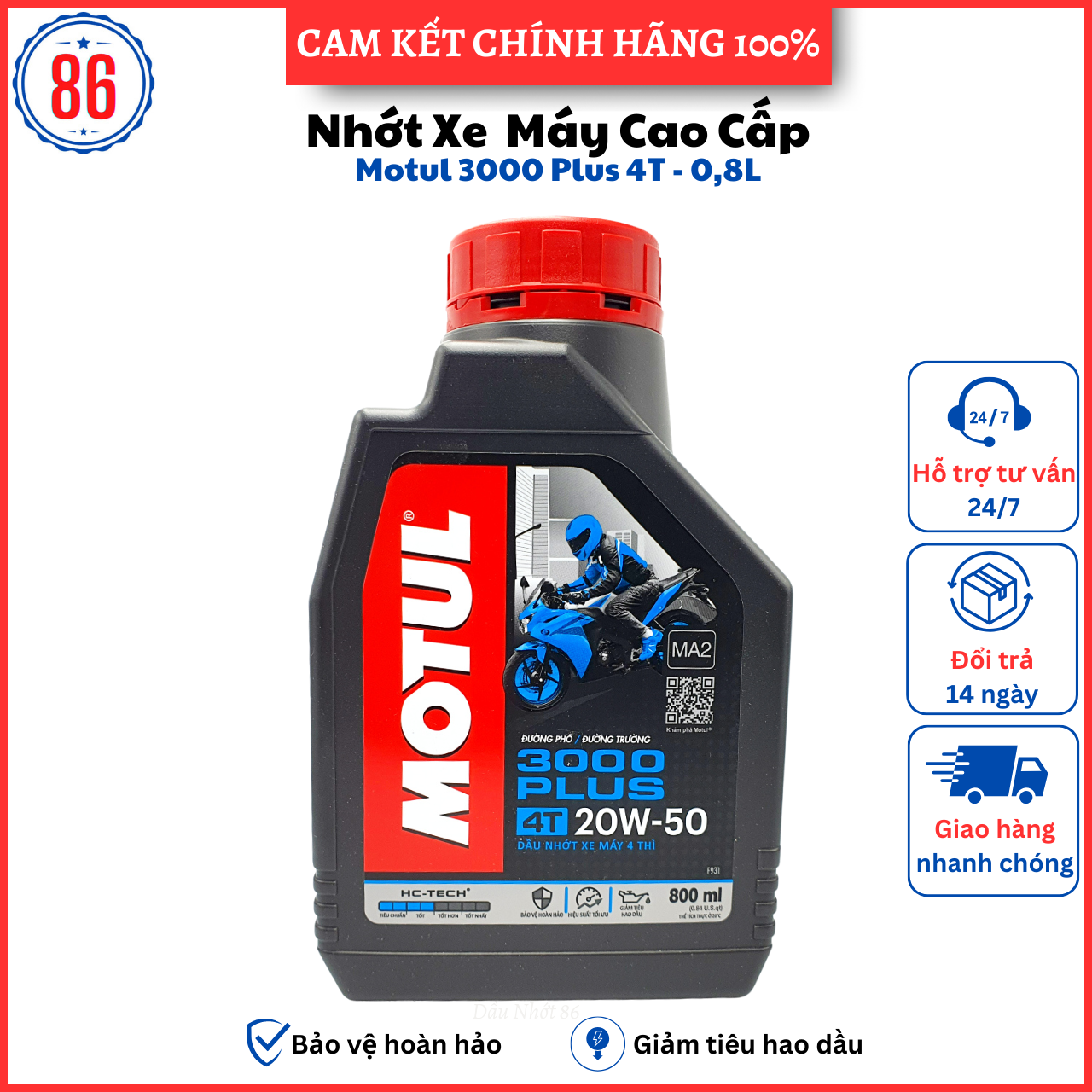 NHỚT XE SỐ CAO CẤP MOTUL 3000 PLUS 20W50 800ML dầu nhớt chính hãng - dầu nhớt xịn chăm sóc xe toàn diện