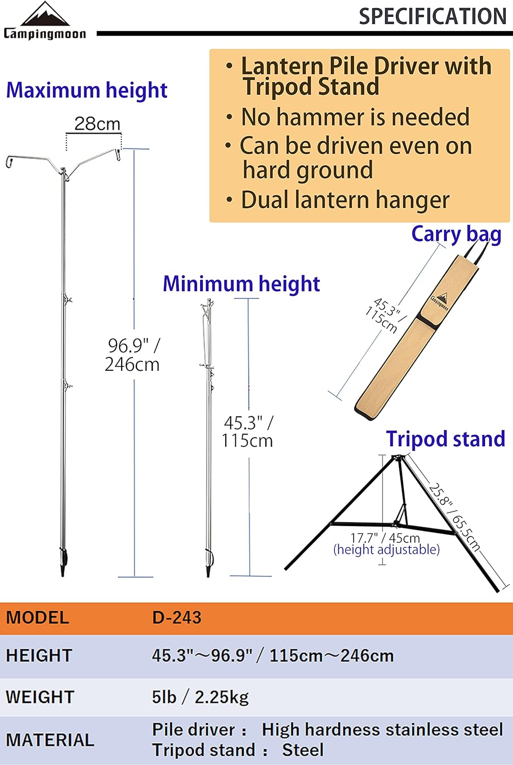 [HCM]Giá treo đèn dã ngoại Campingmoon D-243