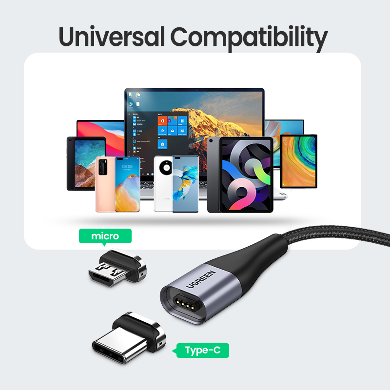 UGREEN 1m tính loại C 3A Cáp dữ liệu sạc nhanh Micro USB cho Samsung S23 S22 Xiaomi 11t 12t Nam châm Bộ sạc USB C cho điện thoại di động Dây USB Model:60276