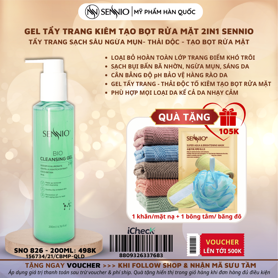 Tẩy Trang Không Cồn Cho Da Dầu Mụn Thải Độc 2 In 1 SENNIO Bio Gel Cleanser 200ML