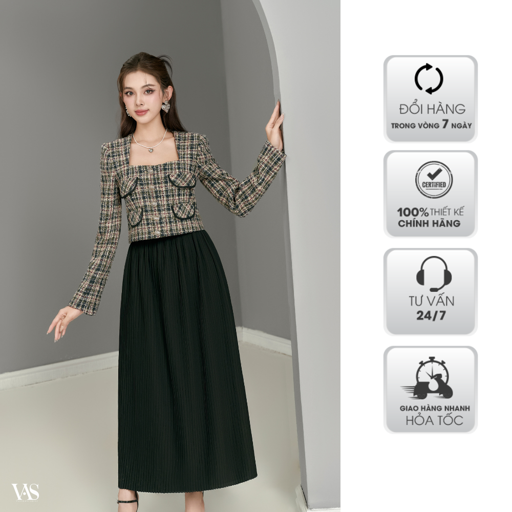 Set áo tweed nữ vananhscarlet kèm chân váy dập ly s002f23