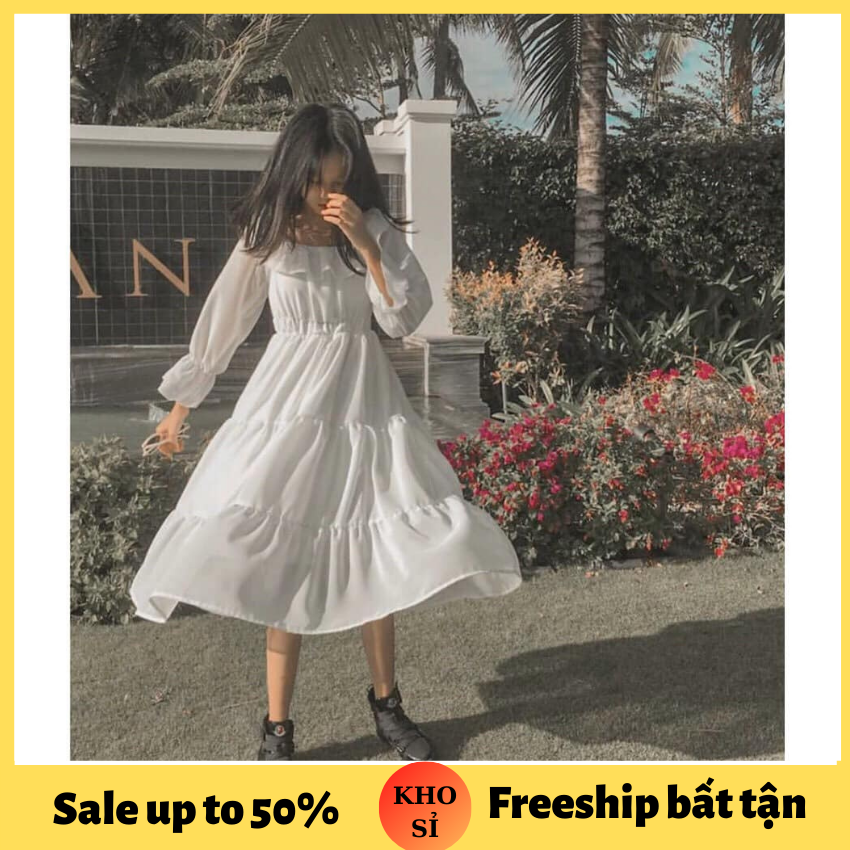 VÁY SUÔNG TRỄ VAI NỮ CÔNG CHÚA BÈO TẦNG SIÊU DỄ THƯƠNG , ĐẦM SUÔNG TRỄ VAI CÁ TÍNH THỜI TRANG HÀN QUỐC