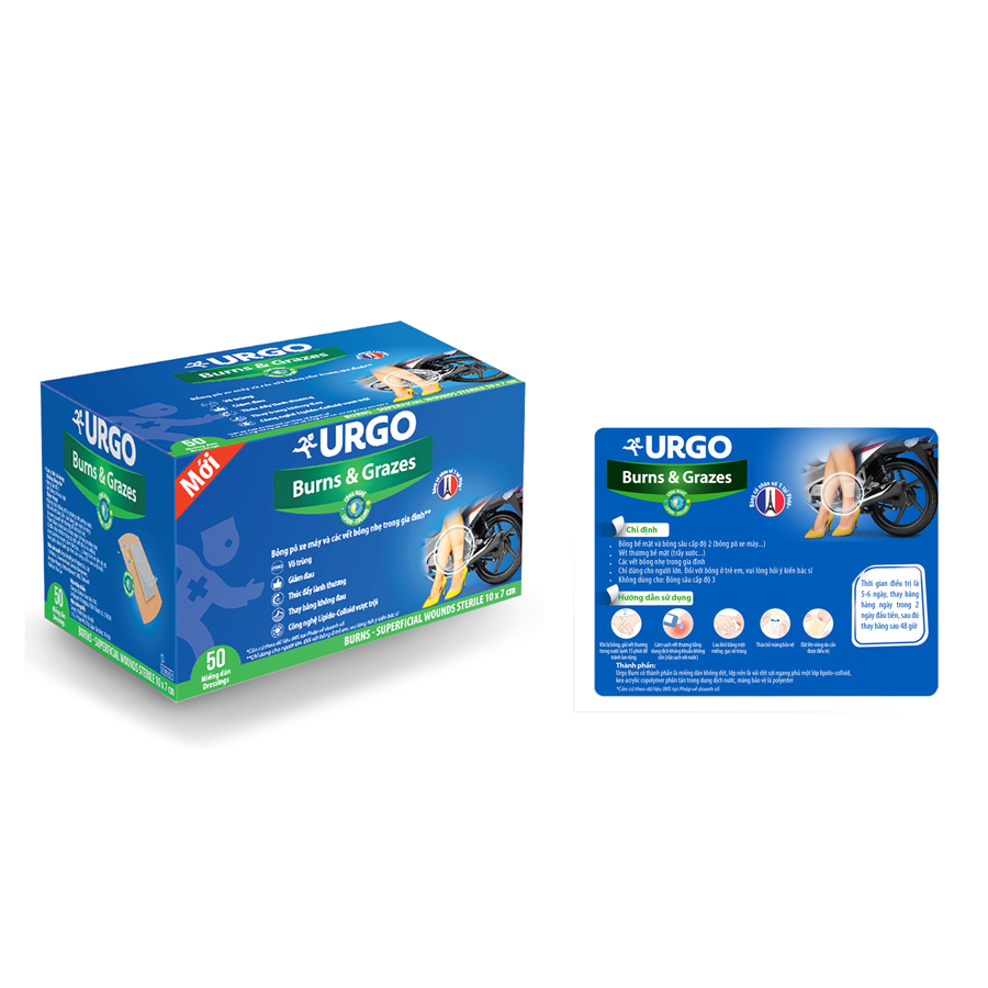 [HCM] Miếng dán bỏng bô / pô xe, trợt da, trầy xước, vết thương URGO Burns & Grazes (Thay không đau) [burn]