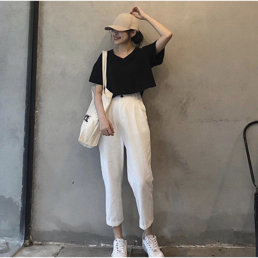Áo croptop cổ tim form rộng basic (Oversize)