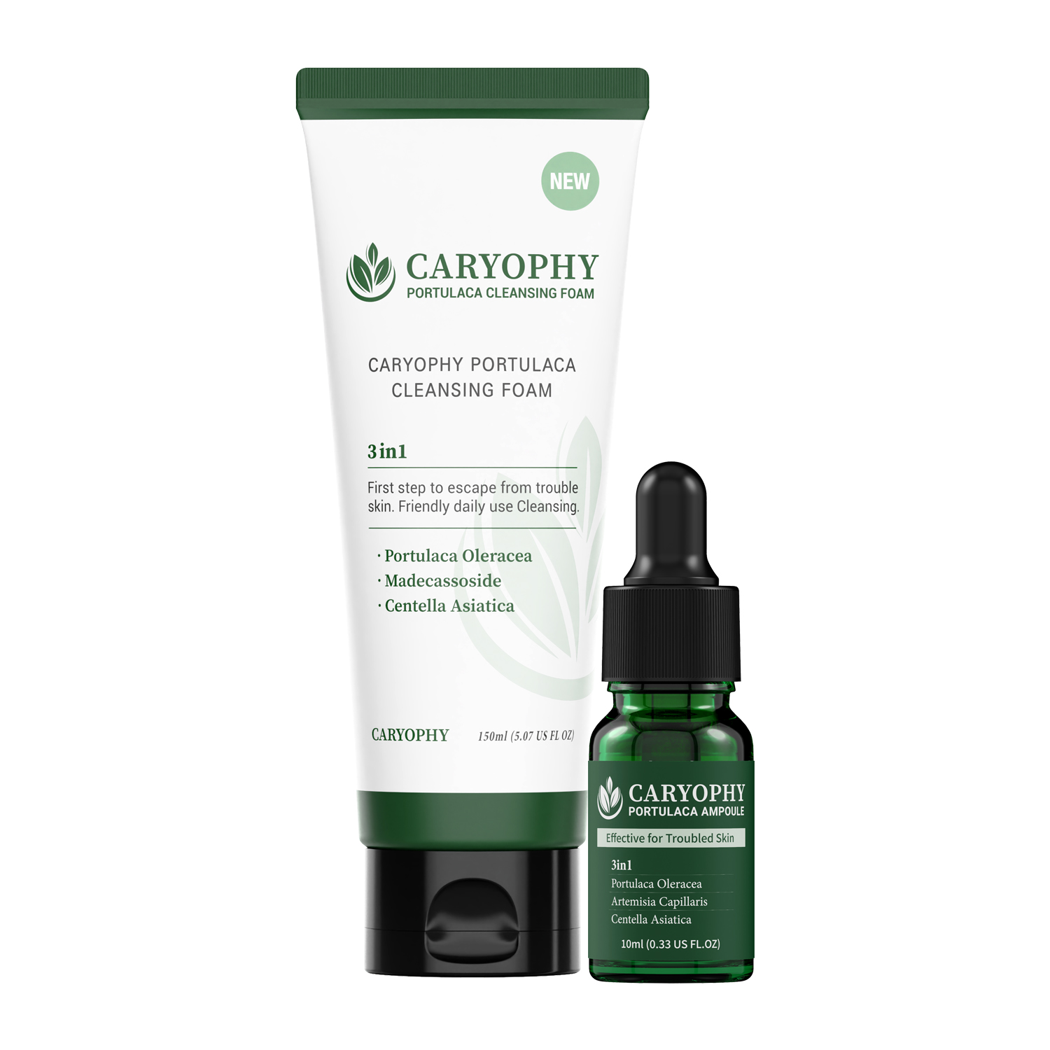 Combo chăm sóc da giảm mụn mờ thâm Caryophy Portulaca (Serum giảm mụn 10ml - Sữa rửa mặt da mụn 150ml)