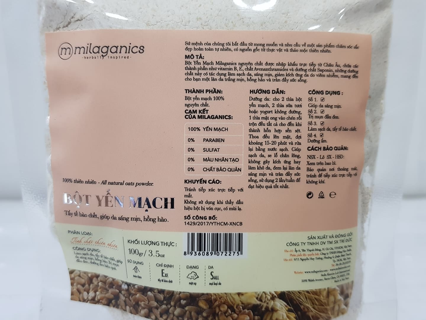 Bột Yến Mạch Milaganics Nguyên Chất 100g