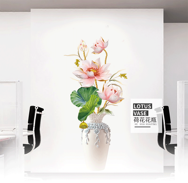 Decal dán tường Bình hoa 3D sen hồng