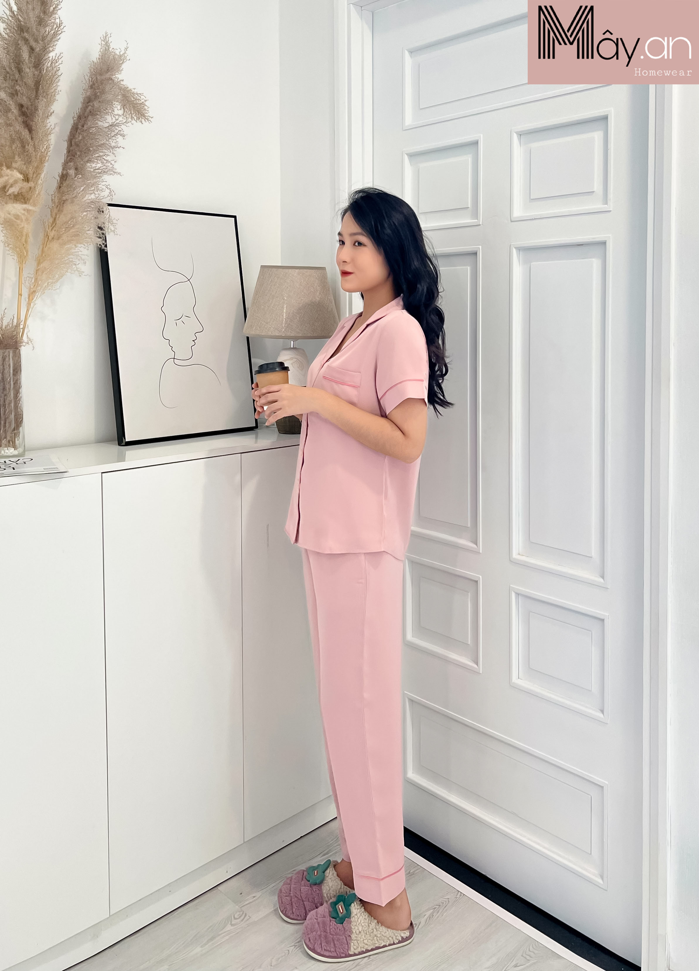 Đồ mặc nhà MÂY pijama lụa mịn Hàn quốc trơn quần dài