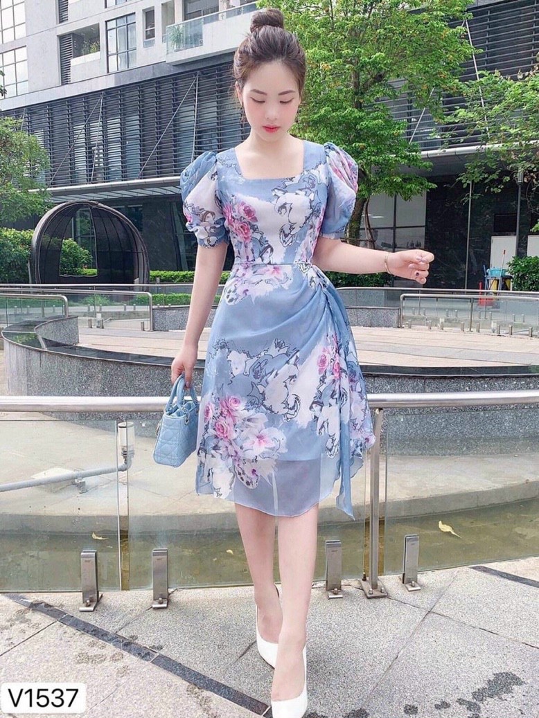 Đầm xòe nữ tiểu thư phối đính eo cao cấp qc