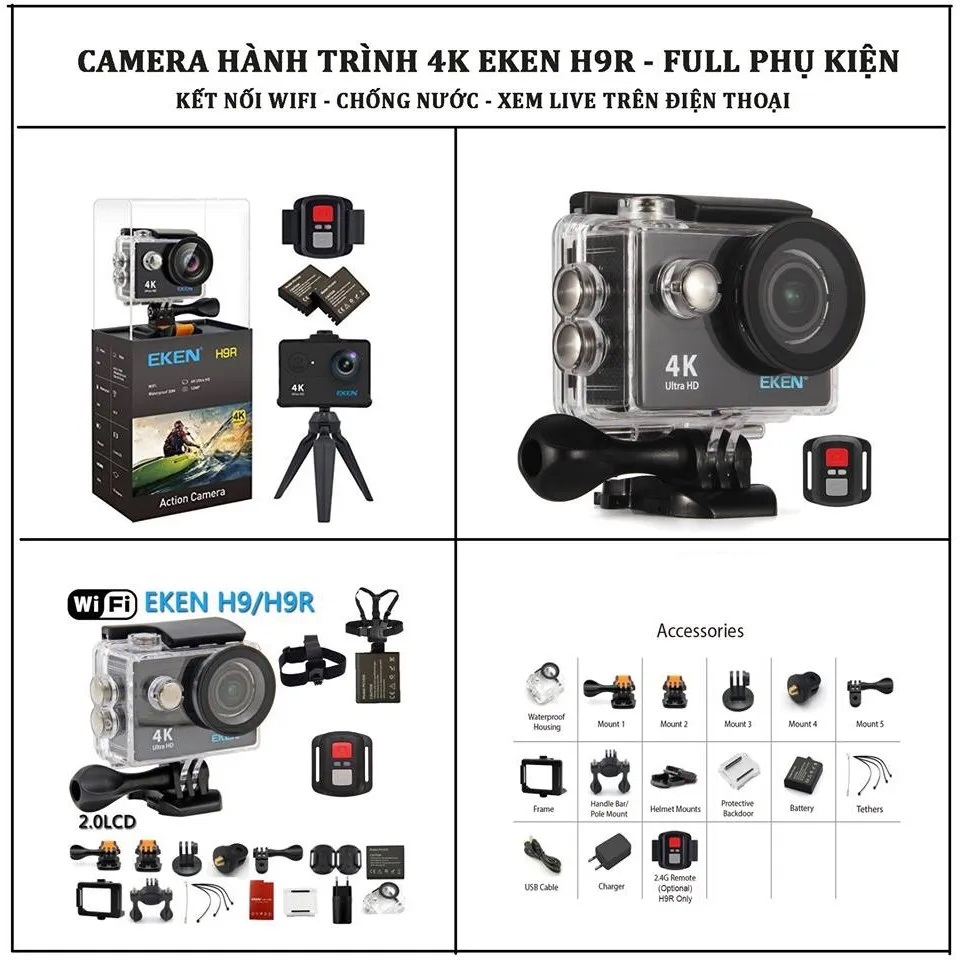 Camera Hanh Trinh Gia Re, Camera Thể Thao Eken- Camera 4K Ultra Hd Wifi, Phiên Bản Mới Nhất 4.0, Kết Nối Smartphone Bằng Ứng Dụng, Bh 1 Đổi 1 Trong 12 Tháng