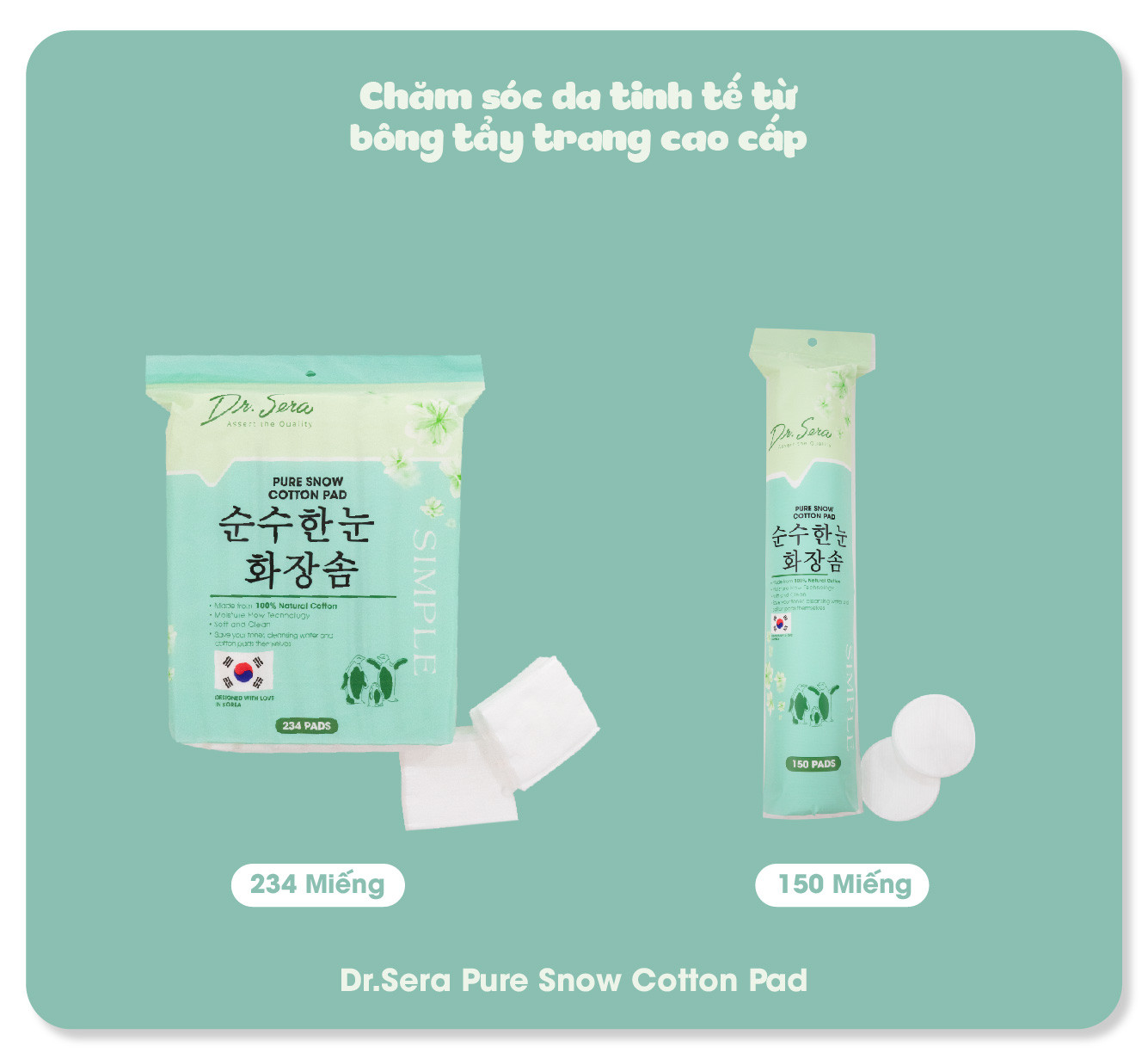 Bông tẩy trang vải cotton mềm mịn Dr.Sera Pure Snow Cotton Pad 150 miếng