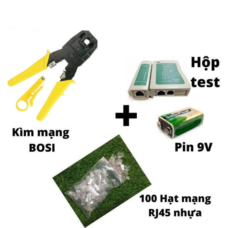 Combo kìm bấm mạng bosi + 100 hạt mạng + bộ test mạng
