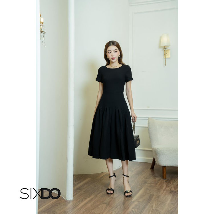 Đầm xòe hạ eo SIXDO (Black Gored Midi Woven Dress)