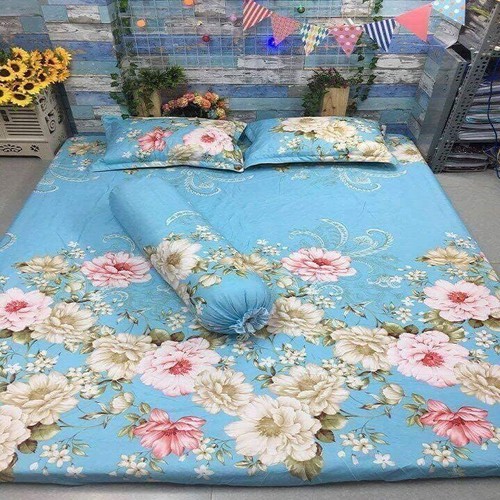 Bộ Ga Gối Cotton Poly ( 1 ga chun, 2 áo gối nằm) Mẫu Hoa Trà Xanh
