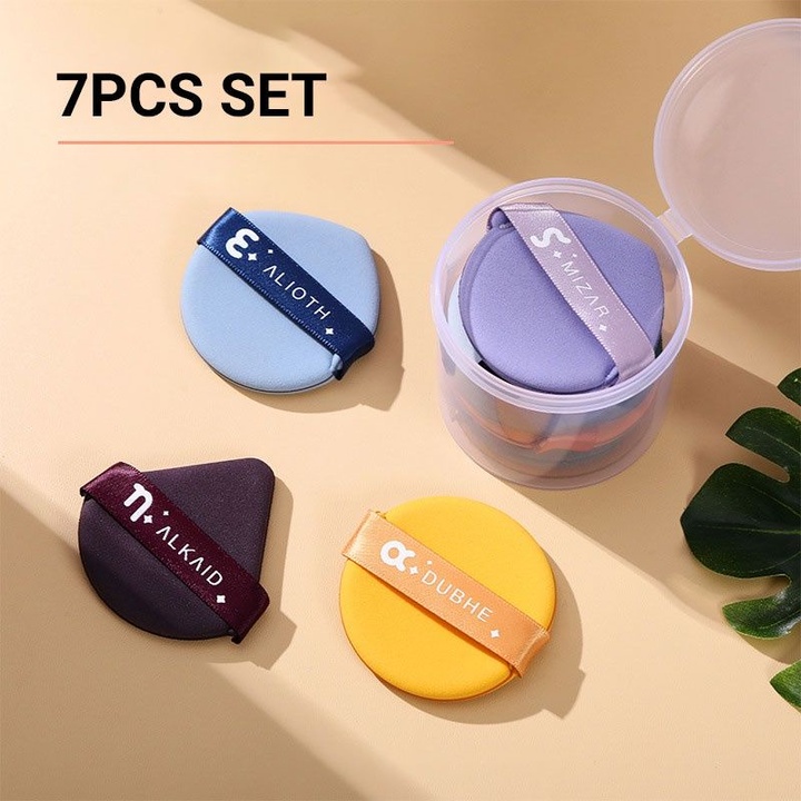 Set 7 bông đánh phấn, trang điểm có hộp đựng xịn sò, xinh xắn