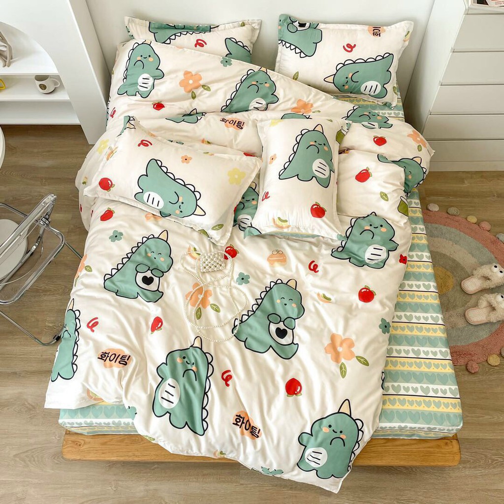 Bộ chăn ga gối cotton poly đáng yêu drap giường chun bọc đủ size - Mẫu khủng long tim xanh.