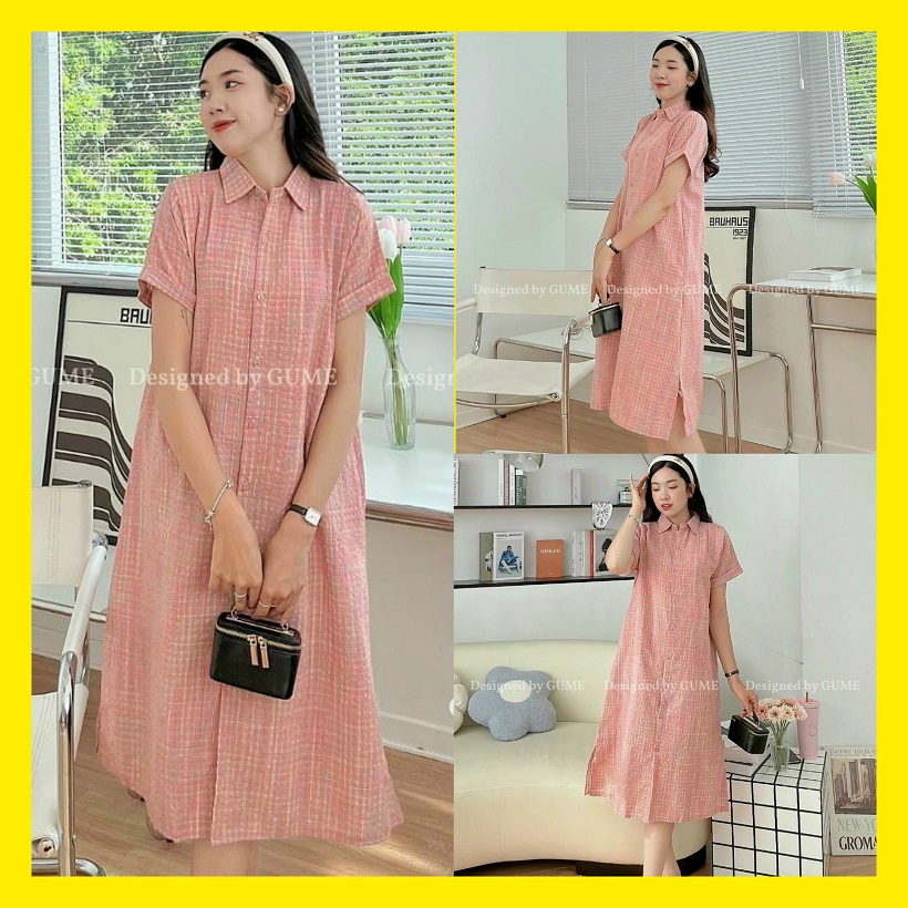 Váy bầu kẻ dáng xuông dài, chất lụa hàn mềm mát cho bà bầu mặc đi làm đi chơi mùa hè