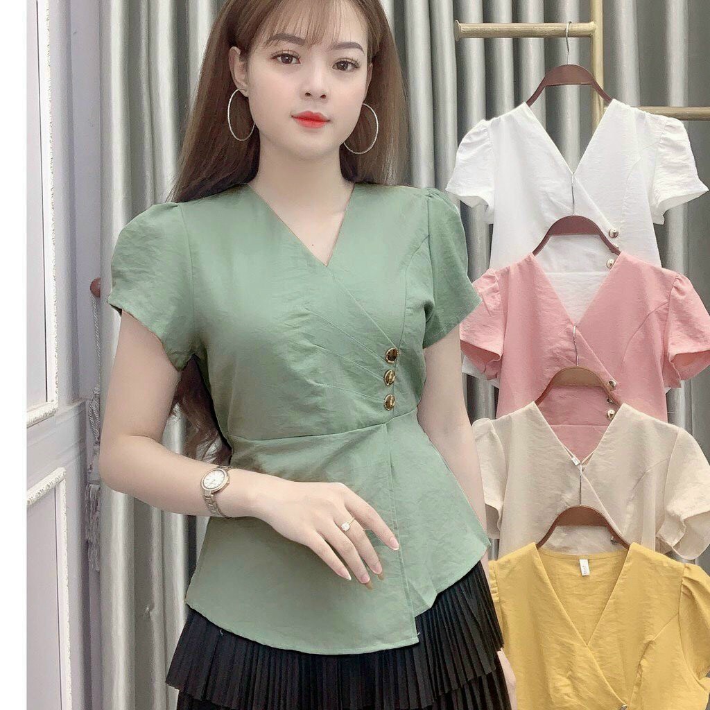 áo kiểu nữ may xếp ly phối nút đẹp nhiều màu fullsize
