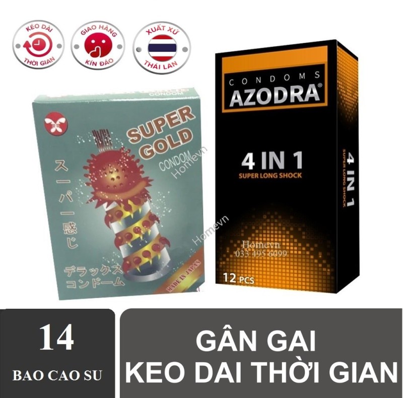 Bộ 1 hộp Bao cao su tổng hợp gân gai kéo dài thời gian Azodra 12 chiếc tặng 1 hộp bcs Gold