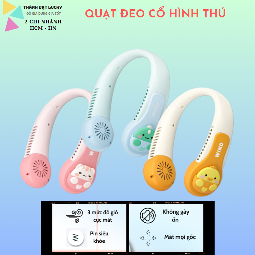Quạt đeo cổ không cánh hình thú wind 3d, quạt mini cute sạc tích điện usb 3 cấp độ gió dung lượng pin 4000mah